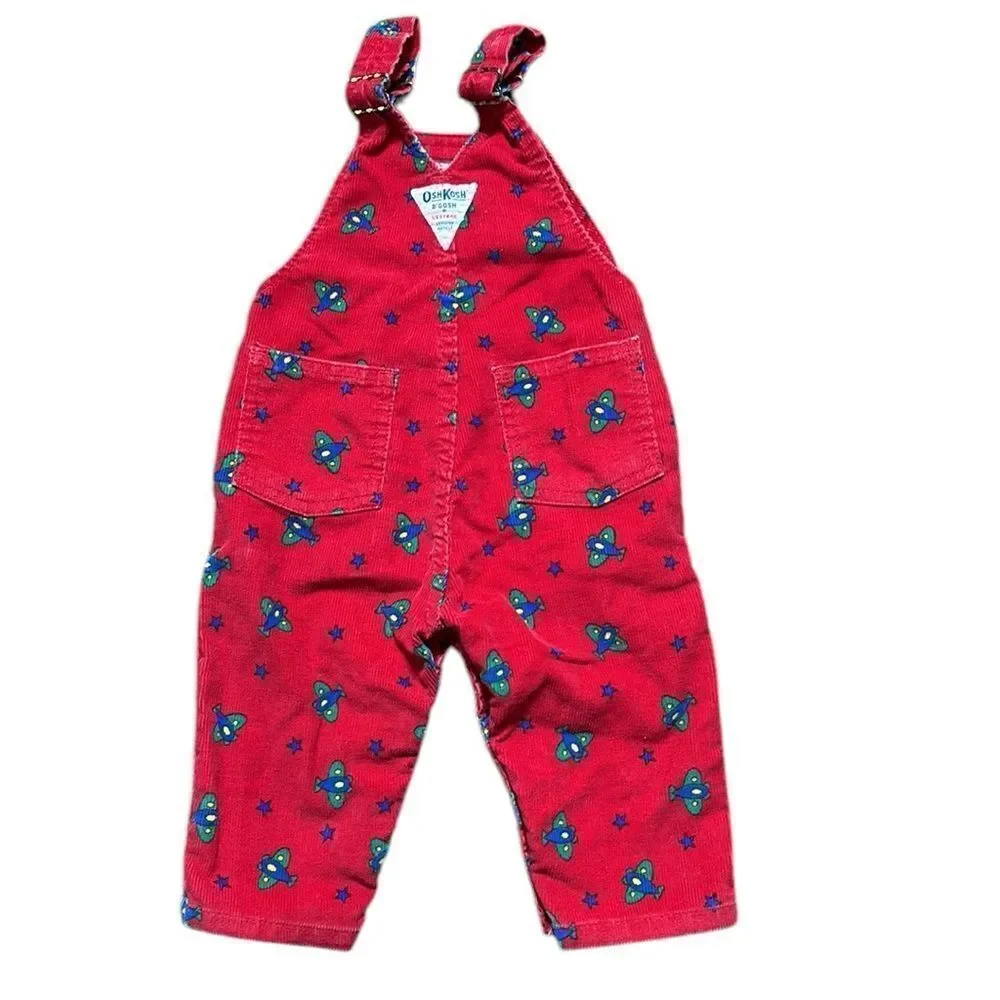 Osh kosh b’gosh‎ vintage corduroy made in USA airplane printed 12mos overalls